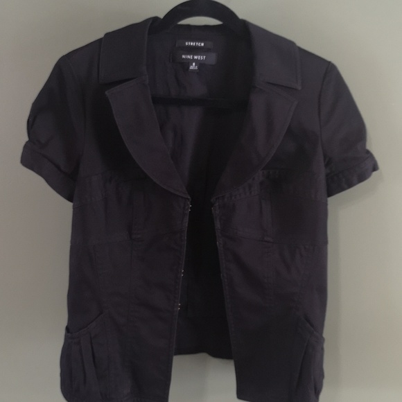 Nine West Short Sleeve Deep V Collared Fitted Eyelet Front Blazer Sz 6 w Pockets - Picture 2 of 11